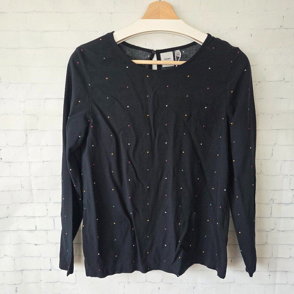 ICHI Black Polka Dot Blouse Size S Long Sleeve Round Neck Designer Womens NWOT